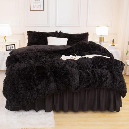 Andency King Size Comforter Set Black, Fluffy Winter Faux Fur Warm Soft Plush Bedding Comforter Set (1 Velvet Comforter & 2 Pillowcases), Fuzzy Thick Heavy Puffy Comforters Bed Set