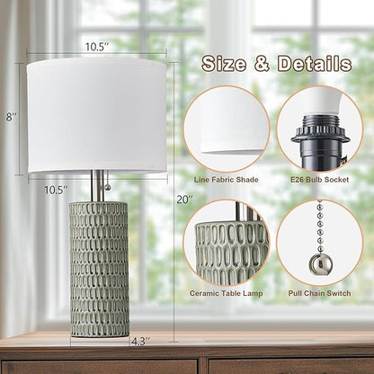 Table Lamps for Living Room Set of 2, Ceramic Table Lamps for Bedroom, 20" Modern Lamps for Night Stands, Green