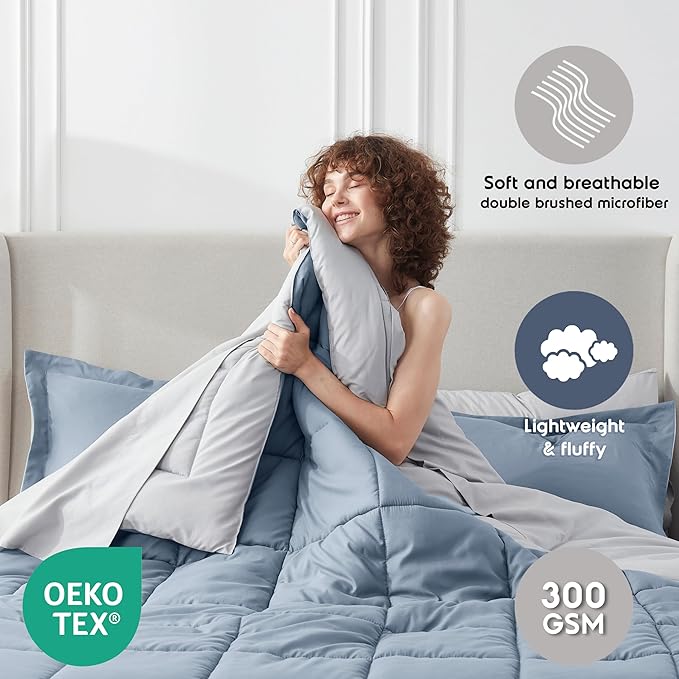 Nestl 7 Piece Queen Comforter Set – Stone Blue Reversible Bed in a Bag – Complete Queen Size Bedding Set with Sheets, Pillowcases and Shams