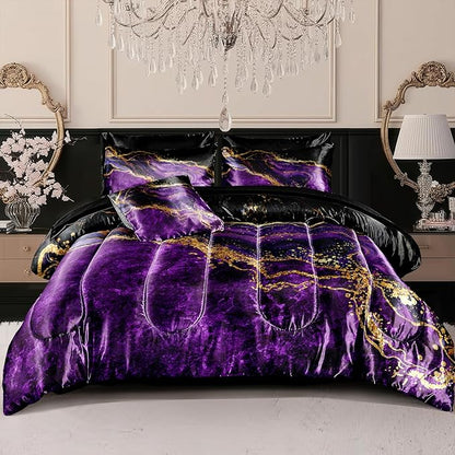 Purple Satin Comforter Set Gray Marble Bedding Queen Purple Marble Stone Bedroom Decor Artwork Abstract Comforter Silk Like Silky Bed in A Bag with Comforter and Sheets