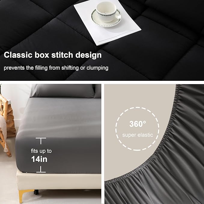 DOWNCOOL Full Size Comforter Sets, 7Pcs Full Size Bedding Sets Black/Grey, All Season Down Alternative Bedding Comforter Sets with Comforter, Flat Sheet, Fitted Sheet, 2 Pillow Shams & 2 Pillowcases