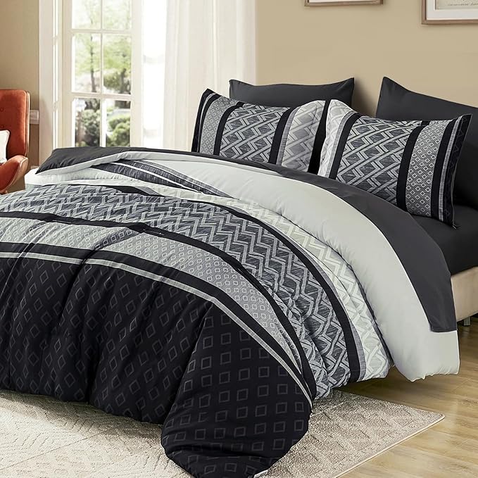 Cottolester Boho Comforter Set King Size,Black Gray Striped Bed in a Bag,Fall Plaid Comforter and Sheet Set,Soft Microfiber Complete Bedding Sets