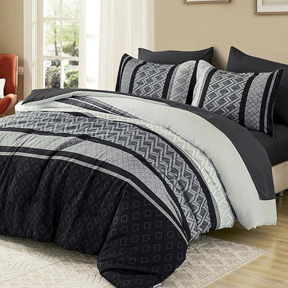 Cottolester Boho Comforter Set King Size,Black Gray Striped Bed in a Bag,Fall Plaid Comforter and Sheet Set,Soft Microfiber Complete Bedding Sets
