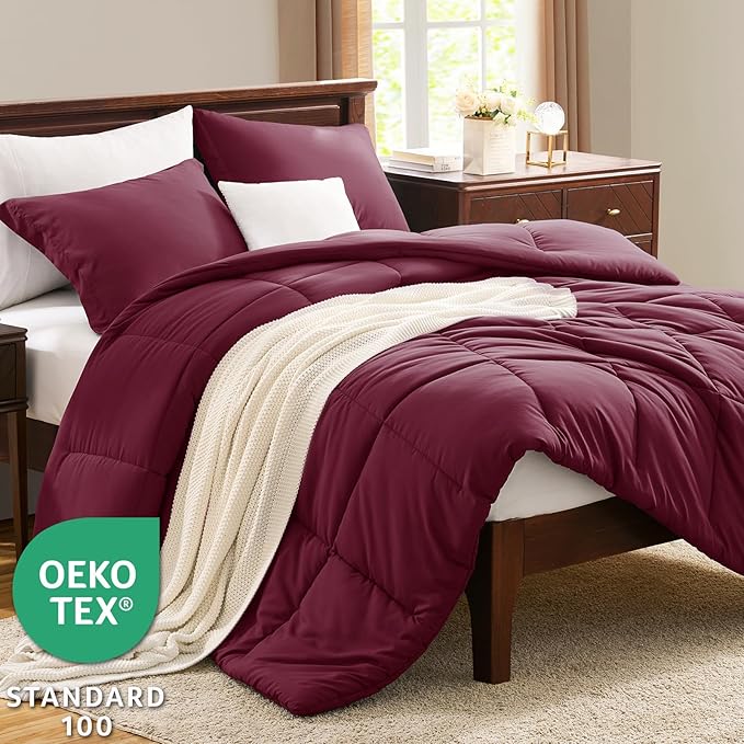 CozyLux Queen Comforter Set - Burgundy Comforters Queen Size, 3 Pieces Box Stitched Bed Set for All Seasons, Soft Lightweight Bedding Sets with 1 Down Alternative Comforter and 2 Pillow Shams