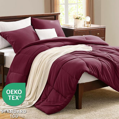 CozyLux Full Size Comforter Sets - Burgundy Comforter Full Size, 3 Pieces Box Stitched Bed Set for All Seasons, Soft Lightweight Bedding Sets with 1 Down Alternative Comforter and 2 Pillow Shams