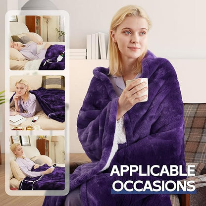 MAXEVE Electric Heated Throw Rabbit Faux Fur Blanket with 8 Heating Levels & 8H Auto Off, Fast Heating Warm Cozy Sherpa Washable Electric Blanket with Over-Heat Protection, ETL Certification, Purple