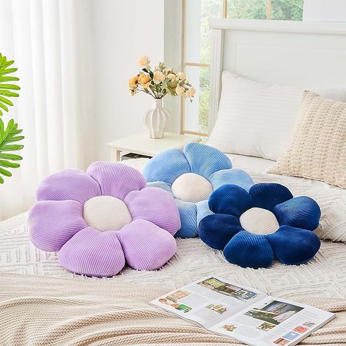 Navy Flower Pillow, 19.6" Cute Flower Shaped Floor Pillow, Aesthetic Floral Plush Daisy Decorative Throw Pillows for Bed Sofa Couch