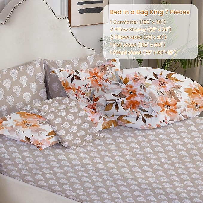 Floral King Comforter Set with Sheets, 7 Piece Luxury Vintage Bedding, Soft Microfiber Bed in a Bag, Cozy Lightweight Bed Set, Burnt Orange Flower Brown Leaf Fall