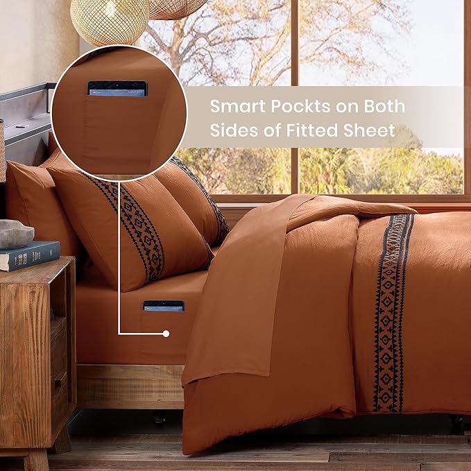 MaiRêve Super King Comforter Set Burnt Orange, Embroidery Western Boho Bedding Set 7 Pieces, All Season Farmhouse Bed in A Bag Comforter Set with Sheets, Pillowcases & Shams