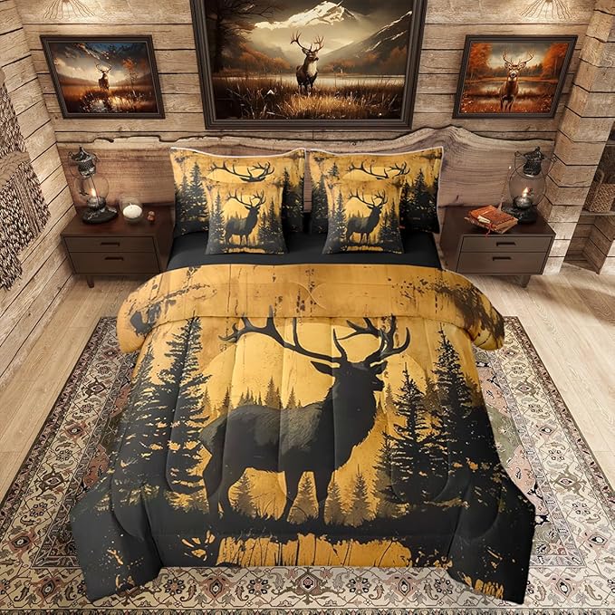 Erosebridal Queen Size Rustic Cabin Lodge Comforter Set with Sheets 7 Pcs | Hunting Deer Bedding Set for Kids Boys Teens Adults Rural Country Cute Deer Bed Sets Woodland Farmhouse Animal Quilt Sets