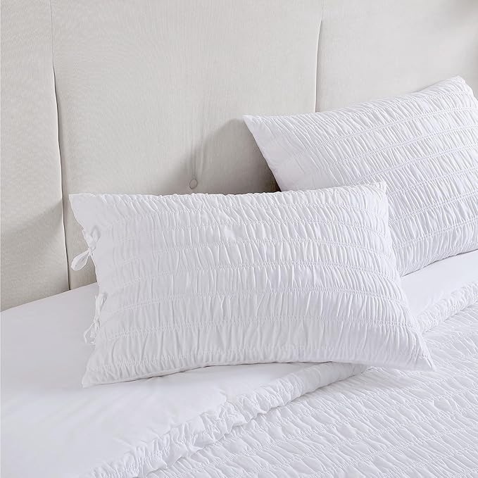 Shabby Chic® - King 3-Piece Comforter Set, Reversible Cotton Bedding with Matching Shams, Seersucker Shirring Home Decor for All Seasons (Aiden White, King)