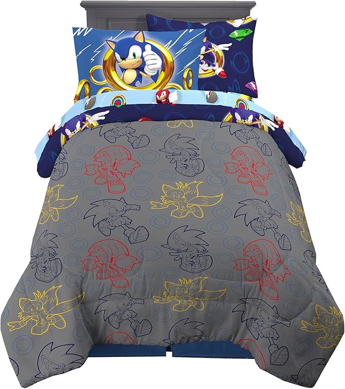 Franco Kids Bedding Super Soft Comforter and Sheet Set with Sham, 5 Piece Twin Size, Sonic The Hedgehog, Anime