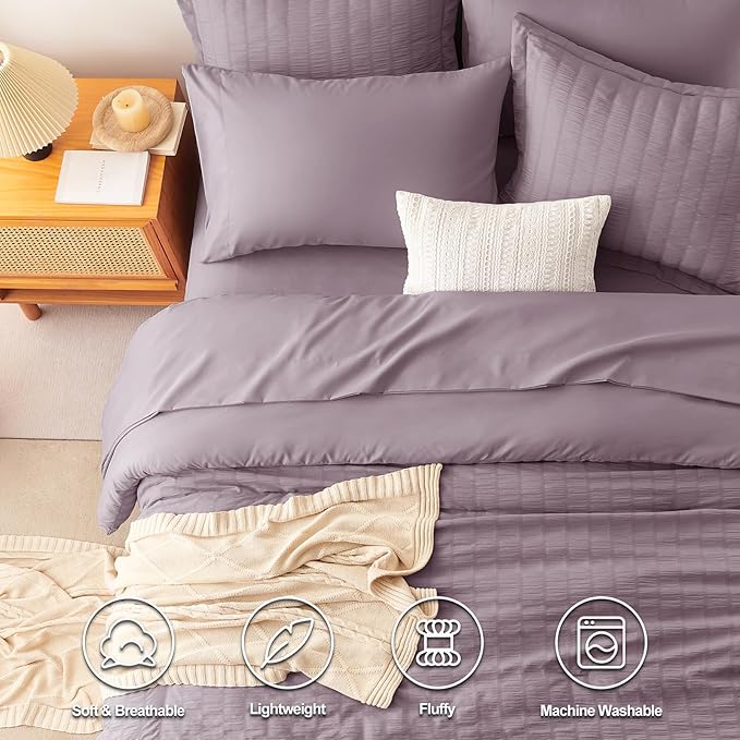 CozyLux King Size Comforter Set Dusty Purple Seersucker 7 Pieces Bed in a Bag King Comforter Set with Sheets, Luxury Bedding Set with Down Alternative Comforter, Sheets, Pillowcases & Shams All Season