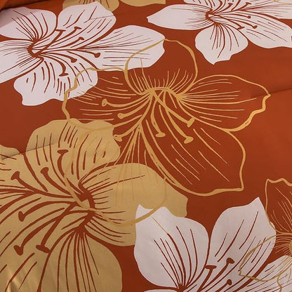 Menghomeus Terracotta Comforter Set California King Burnt Orange Floral Comforter Botanical Bedding Sets Cal King Soft Microfiber Thanksgiving Bed Set for All Season