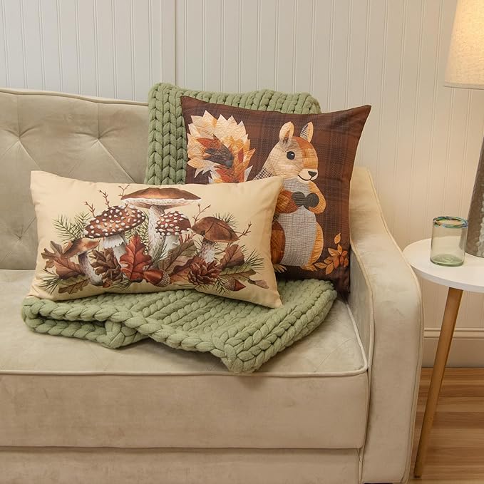 Donna Sharp 2-Piece Pine Circle Squirrel and Mushroom Nature Themed Decorative Throw Pillow Set - Pillows for Couch, Sofa, Beds, and Chairs - Includes 18" x 18" Square & 12" x 22" Rectangular Pillows