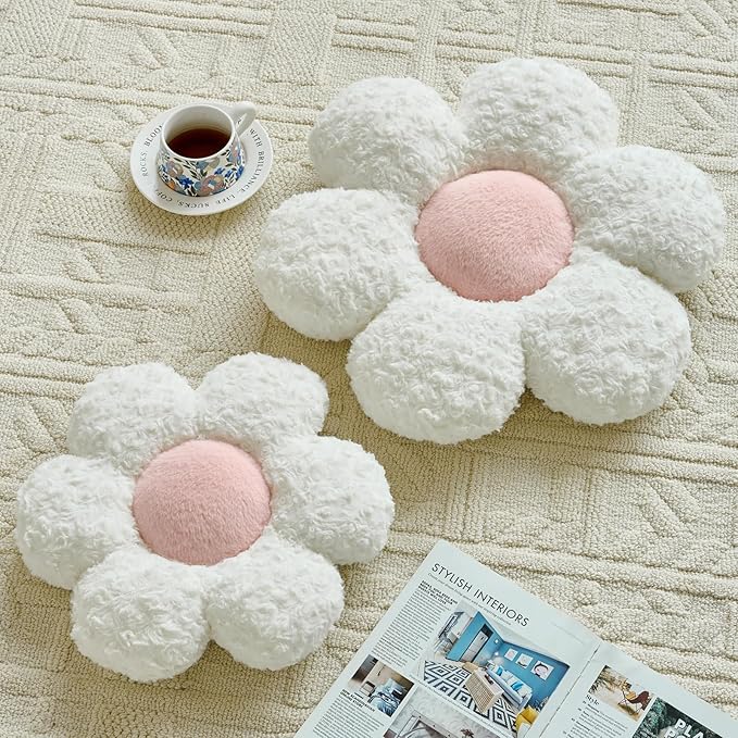 Flower Pillows, Decorative Throw Pillow with Soft Plush for Couch, Flower Shaped Pillow Home Decor Daisy Pillow for Bed (White, 14.9 Inches)