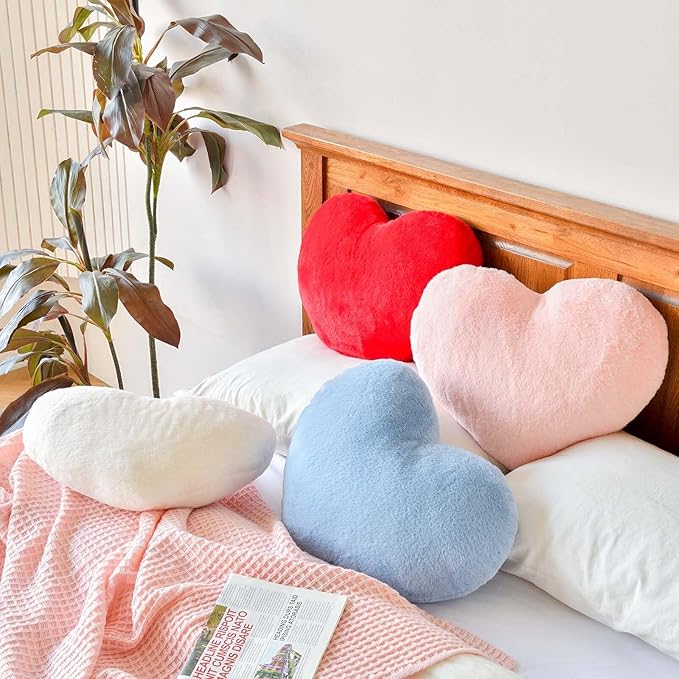 Pink Heart Pillows, Cute Heart Decorative Pillow, Heart Shaped Throw Pillows for Bed, Faux Rabbit Fur Plush Hoom Decor Pillow Cushion for Chair Sofa Living Room (Medium-15.7"x11.8")