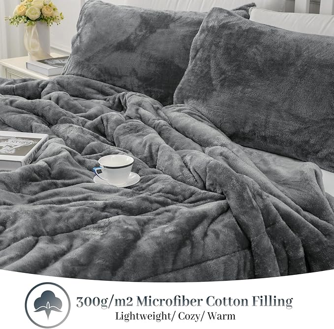 YIYEA Fluffy Queen Size Comforter Set, Luxury Faux Fur Comforter, Ultra Soft Plush Fuzzy Velvet Bedding Comforter Sets for Fall Winter, Cozy Warmth, No Shedding, 3PC, Queen, Dark Grey