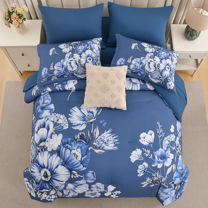 Queen Comforter Set - 7 Pieces Bed in a Bag Blue Floral Queen Comforter Set with Sheets, Soft Microfiber Flower Complete Bedding Set for All Seasons（Blue,90"x90"）