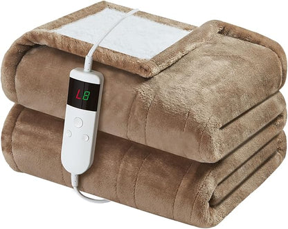 Electric Heated Blanket Throw Size 50''x60'' Soft Flannel & Sherpa Electric Blanket with 10 Heating Levels, Automatically Shut Down After 8h with Overheat Protection Machine Washable