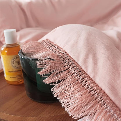 Andency Pink Comforter Set Queen Size for Girls, Blush Boho Women Tassel Lightweight Bedding Comforter Sets, 3 Pieces All Season Soft Fluffy Fringe Bed Set (90x90In Comforter & 2 Pillowcases)