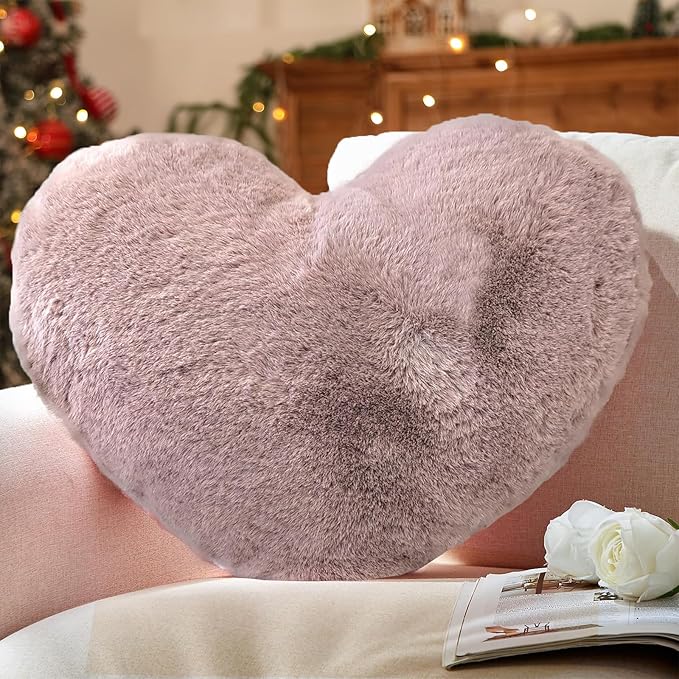 YRXRUS Heart Pillows, Love Heart Shaped Pillow, Small Cute Dusty Pink Heart Pillows for Gifts, Faux Rabbit Throw Pillows for Her, Kids, Girls Home Decoration, 10X11 Inch