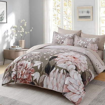 Drucon Queen Comforter Set - 7 Pieces Floral Brown Soft Bedding Sets, Queen Bed in a Bag with Botanical Flowers Comforter, Sheets, Pillowcases & Shams