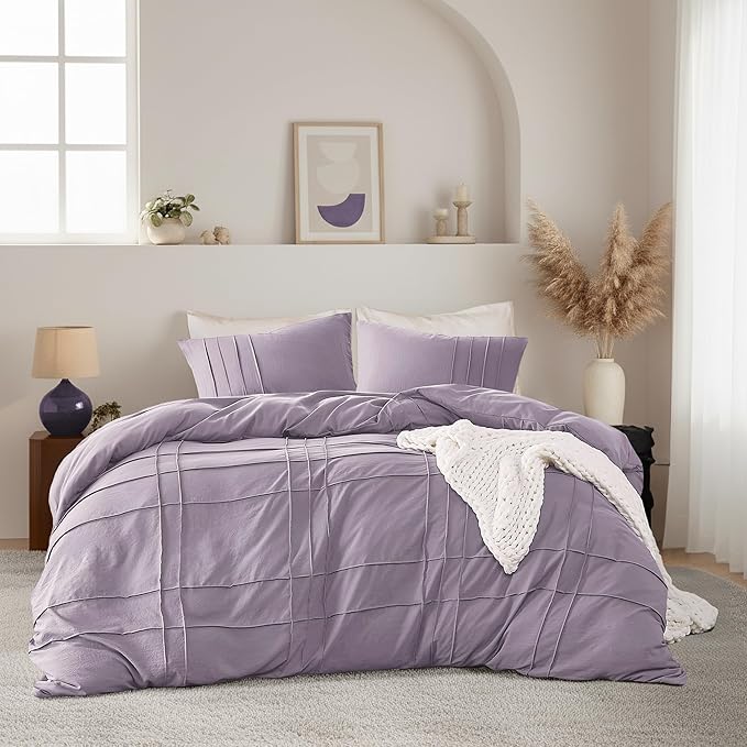King Size Comforter Set Lavender Purple, 3 Pieces Bedding Set, Ultra Soft Prewashed Bed Set, Pinch Pleat All Seasons Lightweight Comforter and Shams