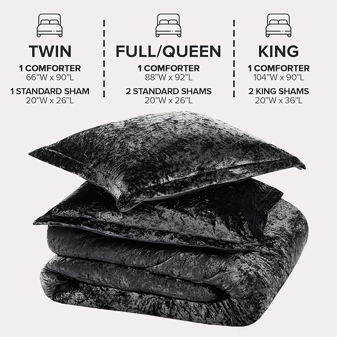 Comfort Spaces Juliette Luxe Comforter Set Velvet Lush with Soft Brushed Microfiber Reverse, All Season Cozy Velvet Bedding Sets, Fluffy Comforter Bed Set, Matching Sham, Black Full/Queen 3 Piece