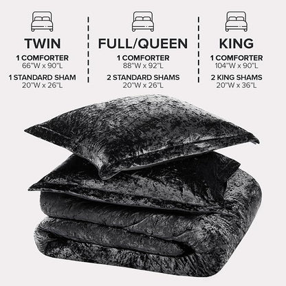 Comfort Spaces Juliette Luxe Comforter Set Velvet Lush with Soft Brushed Microfiber Reverse, All Season Cozy Velvet Bedding Sets, Fluffy Comforter Bed Set, Matching Sham, Black King 3 Piece
