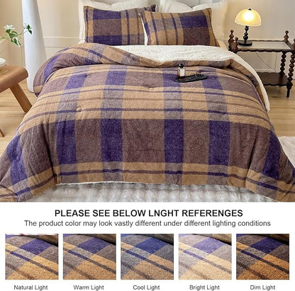 Cyusri Plaid Sherpa Comforter Set 3Pcs Fluffy Warm Fleece Down Alternative, Khaki Blue Grid Pattern Bedding Set with 2 Pillowcases, King Size 104"x90"