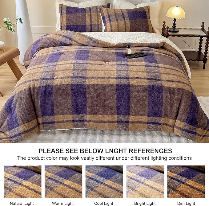 Cyusri Plaid Sherpa Comforter Set 3Pcs Fluffy Warm Fleece Down Alternative, Khaki Blue Grid Pattern Bedding Set with 2 Pillowcases, Queen Size 90"x90"
