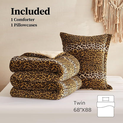 Petrichor Leopard Velvet Flannel Twin Comforter Set-Cheetah Print Western Blanket,Luxury Fuzzy Heavy Bedding Set, 2 Pieces Plush Winter Bed Set with Comforter (68"x88") & 1 Pillow Shams (20"x26")