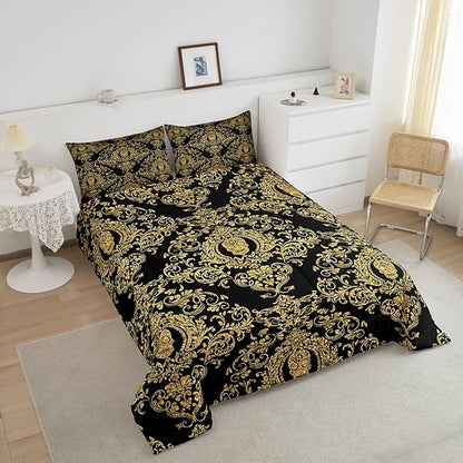 Feelyou Adults Golden Vintage Damask Floral Comforter Set Oriental Antique Comforter Twin Size Gothic Bohemia Boho Bedding Set Exotic Sugar Skull Duvet Set Quilt Set 2Pcs
