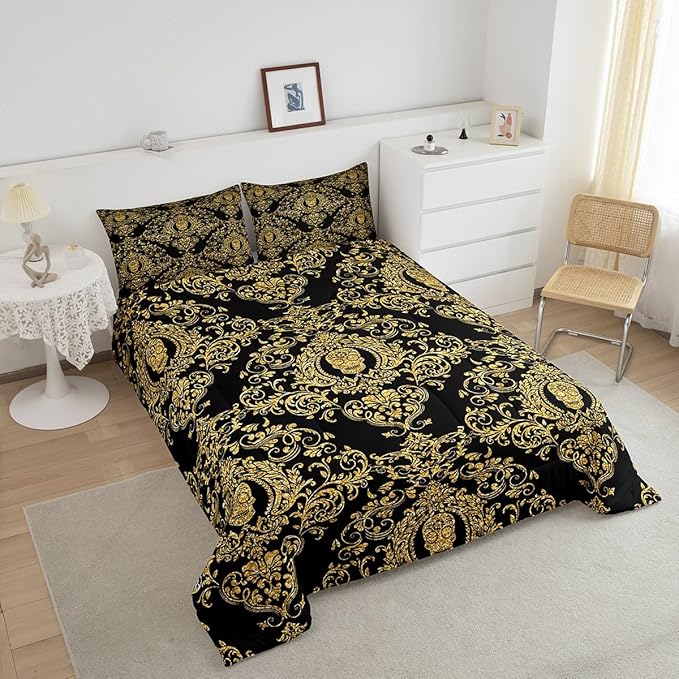 Feelyou Adults Golden Vintage Damask Floral Comforter Set Oriental Antique Comforter King Size Gothic Bohemia Boho Bedding Set Exotic Sugar Skull Duvet Set Quilt Set 3Pcs