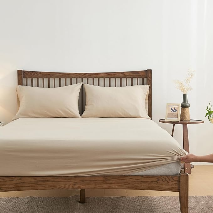 Simple&Opulence Belgian Linen Sheet Set Solid Color - 4 Pieces (1 Flat Sheet, 1 Fitted Sheet & 2 Pillowcases) Natural Flax Cotton Blend Soft Breathable Farmhouse Bedding - Queen Size, Linen/Beige