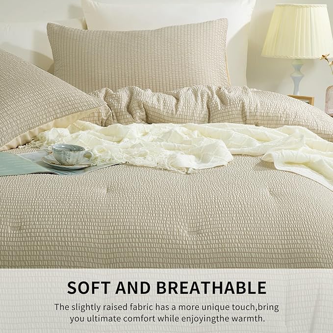 HOMBYS 3 Piece Seersucker Oversized King Comforter Set 128x128, Breathable Beige Soft Comforter Set, Lightweight Down Alternative Comforter, Bedding Comforter Sets with 2 Pillow Shams for All Season