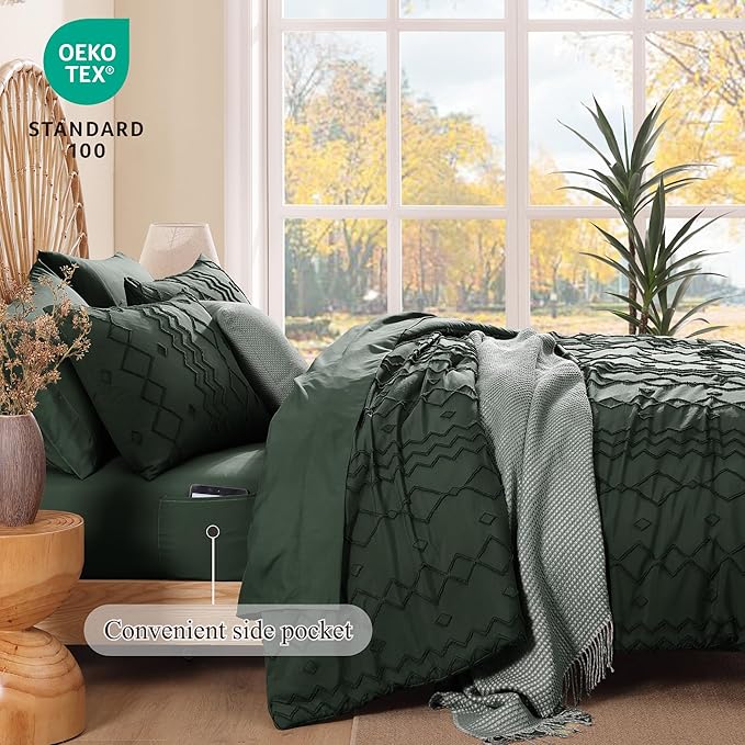 Full Size Comforter Set Dark Green, Tufted Boho Bedding Farmhouse Bed Set, All Season 7 Pieces Bed in a Bag with Sheets, Pillowcases & Shams