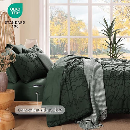 Queen Comforter Set Dark Green, Tufted Boho Bedding Farmhouse Bed Set, All Season 7 Pieces Bed in a Bag with Sheets, Pillowcases & Shams