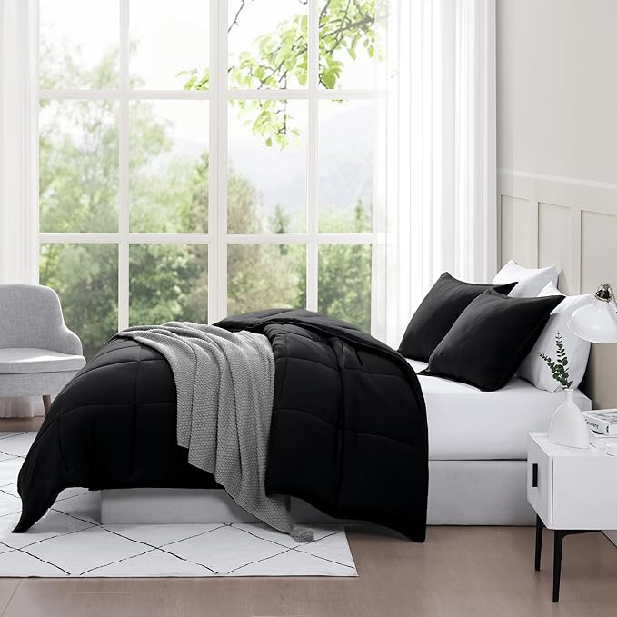 Casa Platino King Size Comforter Set - Pre-Washed Ultra Soft, Breathable & Cozy, 100% Brushed Microfiber Duvet Insert - Fade Resistant Bed Comforter - Black