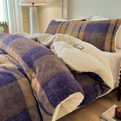 Cyusri Plaid Sherpa Comforter Set 3Pcs Fluffy Warm Fleece Down Alternative, Khaki Blue Grid Pattern Bedding Set with 2 Pillowcases, King Size 104"x90"