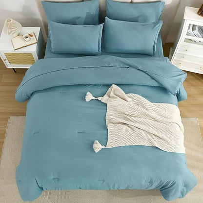 Litanika Full Size Comforter Sets Grayish Teal - 7 Pieces Bed in a Bag Full Bedding Comforter Sets, Solid Lightweight Bed Set with Comforter, Sheets, Pillowcases & Shams
