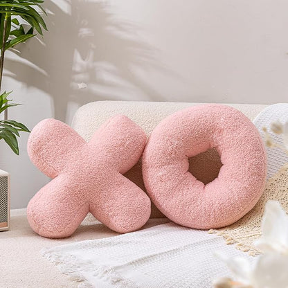 XO Pillow Plush, Pink Throw Pillows Valentine's Day Decorative Hugs and Kisses, Cute Pillows Romantic Home Décor for Sofa, Bedroom, Living Room 12.5x12.5 Inch Set of 2