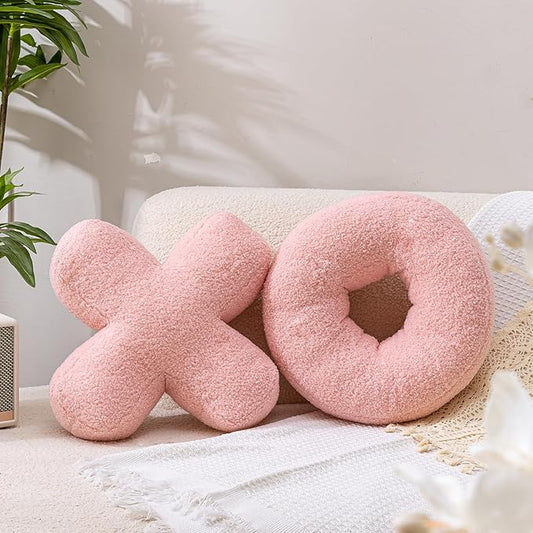 XO Pillow Plush, Pink Throw Pillows Valentine's Day Decorative Hugs and Kisses, Cute Pillows Romantic Home Décor for Sofa, Bedroom, Living Room 12.5x12.5 Inch Set of 2