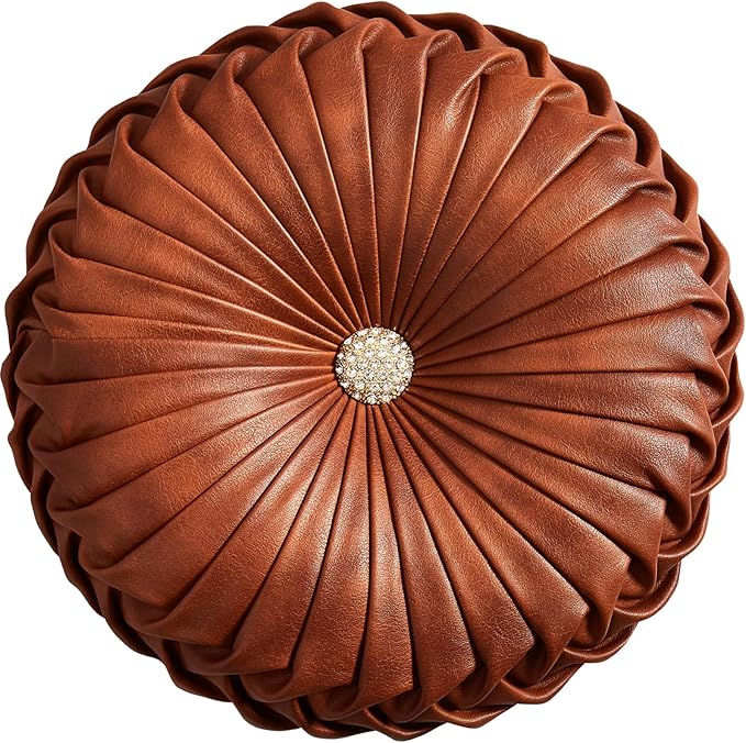 EUCIOR Brown Round Leather Pillow,Circle Pillow,Handmade Round Throw Pillow,Smooth Faux Leather Decorative Pillows for Home Decor Bedroom Living Room Couch Bed,Diameter 15"