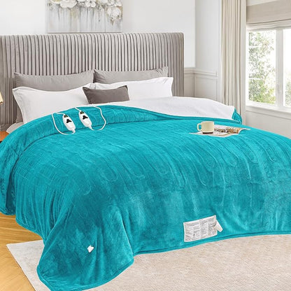 greenoak Heated Blanket Electric Queen Size 84"X90" Dual Control, Heating Blanket with 10 Heat Levels 1/2/4/6/8 Hours Auto-Off, Sherpa Soft Warm Christmas Blanket, Aqua Green