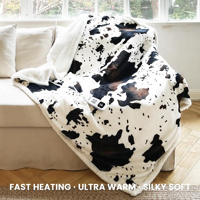 Heated Blanket Throw Blanket - Fast Heating Electric Blanket, Soft Flannel Heated Throw with 10 Time Settings,10 Heating Settings, Warm Gifts for Women & Mom & Grandma(50"x60"Cow Print White)