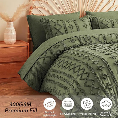MR&HM Boho Comforter Set King, Olive Green 7 Pieces Bedding Set, Farmhouse Shabby Chic Bed in a Bag with 1 Comforter, 2 Pillow Shams, 2 Pillowcases, 1 Flat Sheet, 1 Fitted Sheet for All Seasons