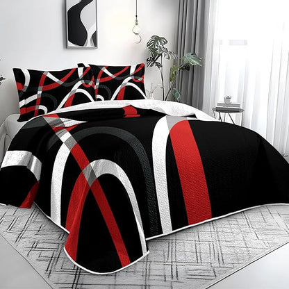 weesire Black and Red Bedding Quilt Queen Size with 2 Shams, Modern Stripe Comforter Sets Classic Line Pattern Bedspreads Grey and Red Coverlet, 90''x96''