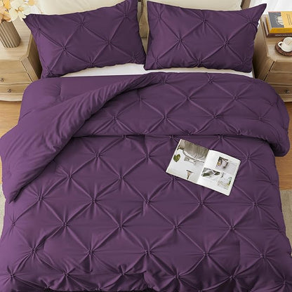 UNIKOME Queen Comforter Set Purple - Ultra Soft Boho Pintuck Down Alternative Bedding Set for All Seasons, 3 Pieces Lightweight Warm Pinch Pleat Bed Set with Comforter, 2 Pillowcases